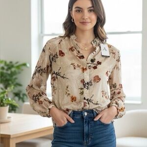 anewsta Floral Sheer Blouse - Cream